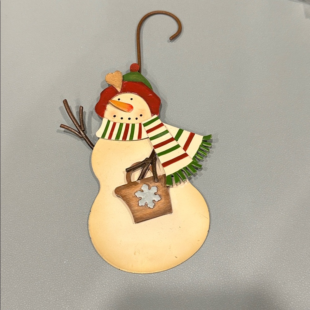 Festive Snowman Metal Ornament with Scarf and Basket